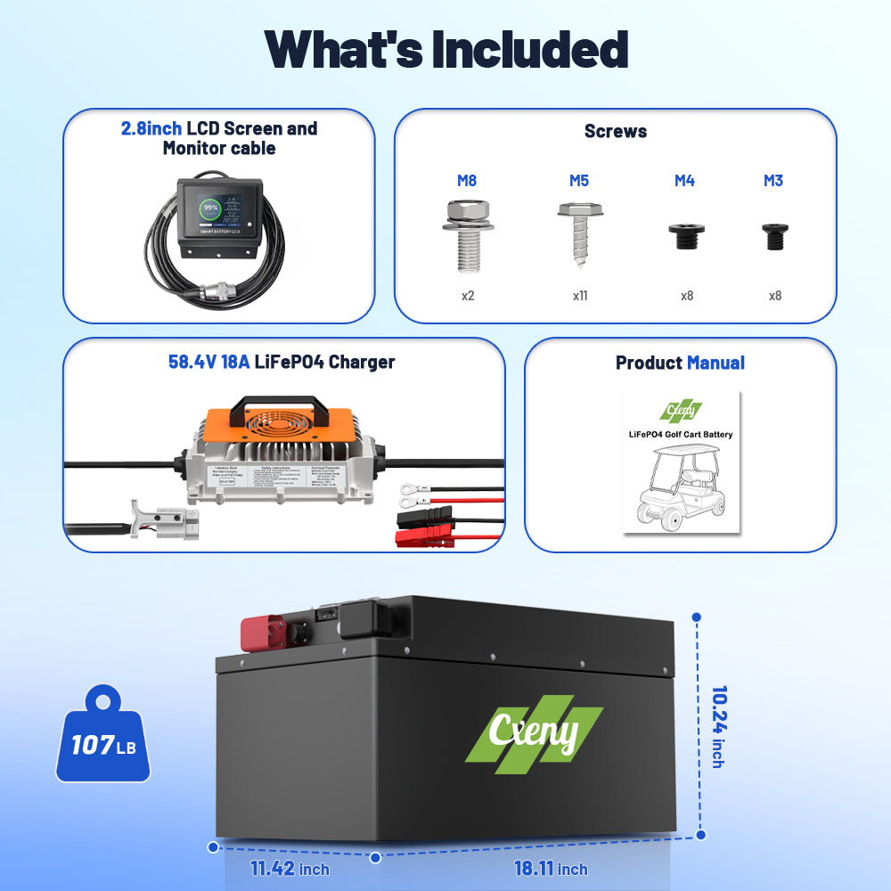 Cxeny 48V 120AH Lithium Golf Cart Battery With 18A Charger and Touch Monitor